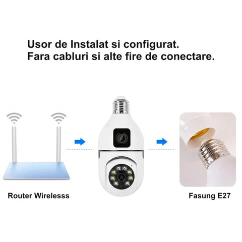 Set 4 x Jortan JTZ-9696PROB: Cameră Supraveghere Duală Tip Bec, HD, WiFi, Vedere 360° + CADOU SURPRIZA