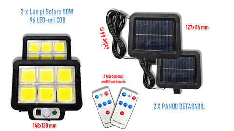 Pachet 2 x Lampa Solara 50W - 96 LED COB, cu PANOU DETASABIL