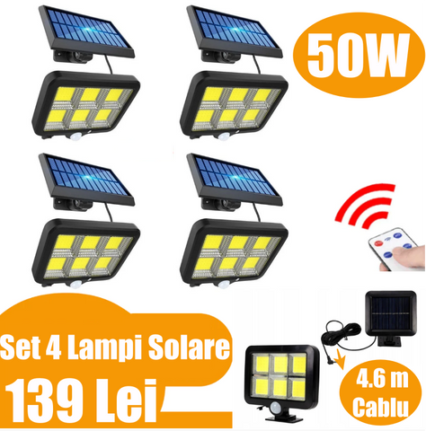 Set 4 x Proiectoare Solare cu Panou Separat Si Senzor de Miscare 96 COB + Telecomanda