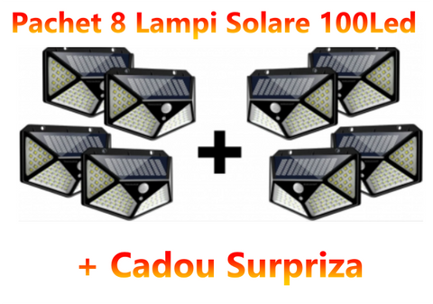 Set 8 x Lampa cu Incarcare Solare, Senzor de Miscare, 3 Moduri de Iluminare, 100 LED, Prindere pe Perete + CADOU SURPRIZA