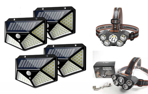 Set 4 x Lampa 100 LED cu panou solar, senzor de miscare +CADOU Lanterna profesionala de cap reglabila cu 5 led LED